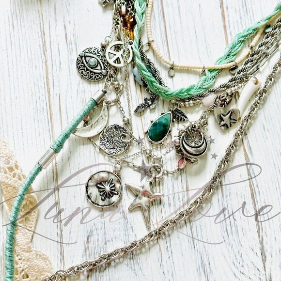 FREE PEOPLE Luca Silver Extreme Layered Necklace In Sage NWT - Picture 5 of 7